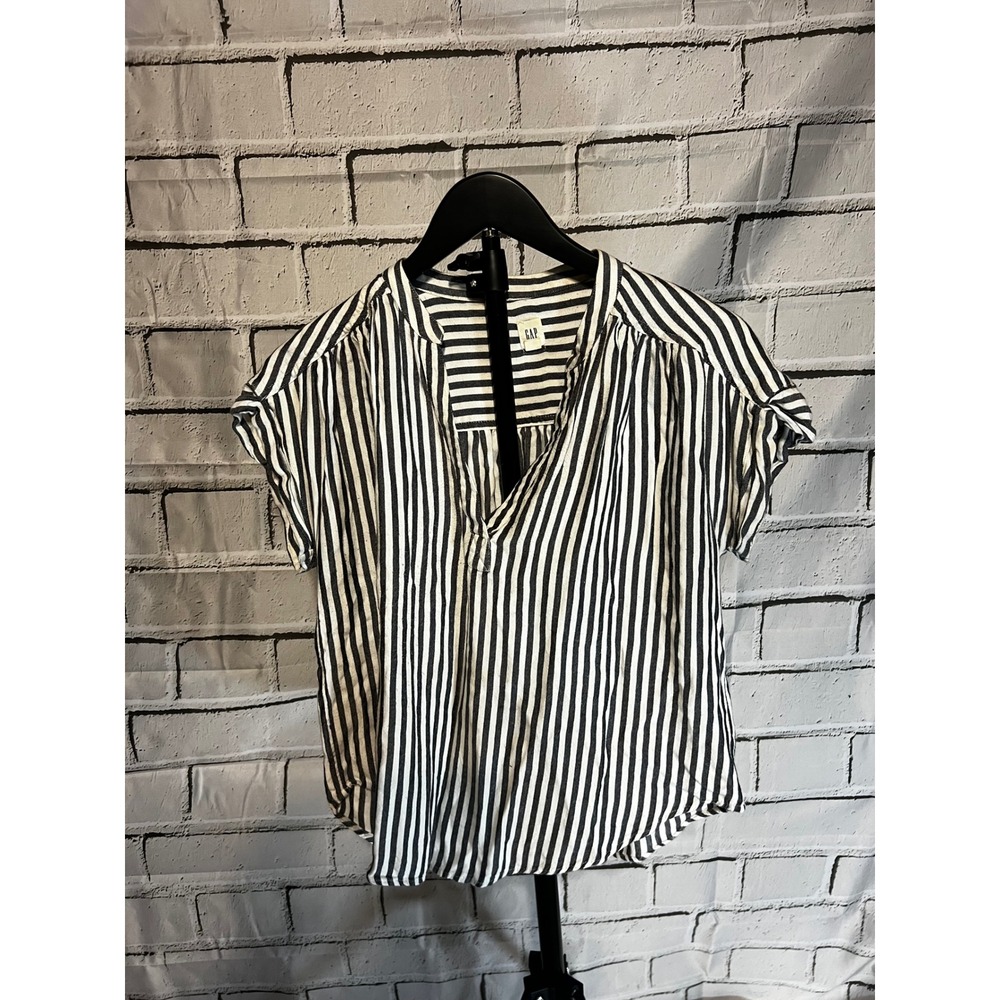 GAP Womens Striped Short Sleeve V-Neck Blouse Black White Nautical Top